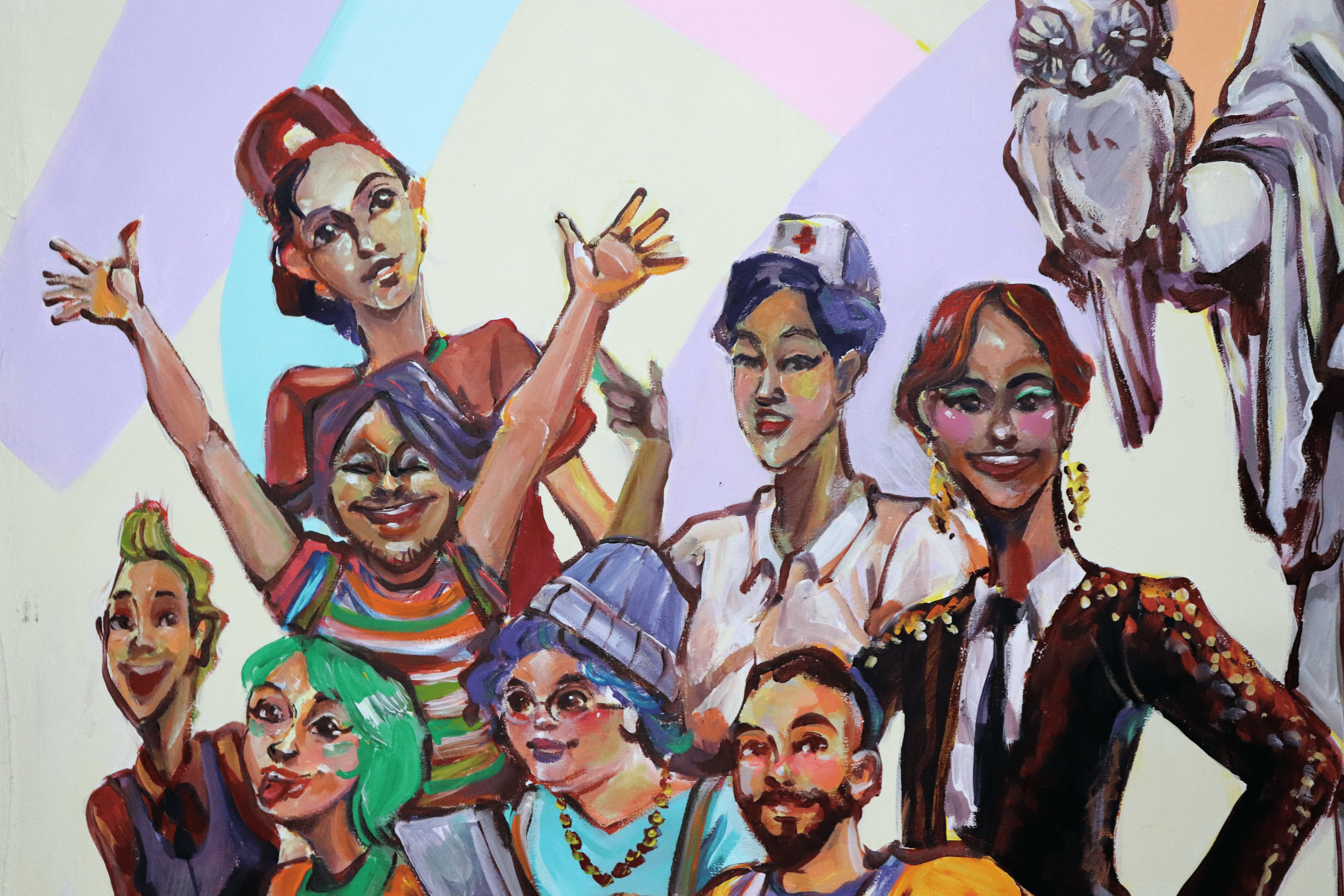 La pintura en acrílico, que mide 2.50 metro de alto x 1.70 de ancho, muestra a la Minerva al centro del cuadro y, los diferentes personajes que están a su alrededor, representan a personas de la diversidad sexual como estudiantes de la U, en forma de caricaturas.