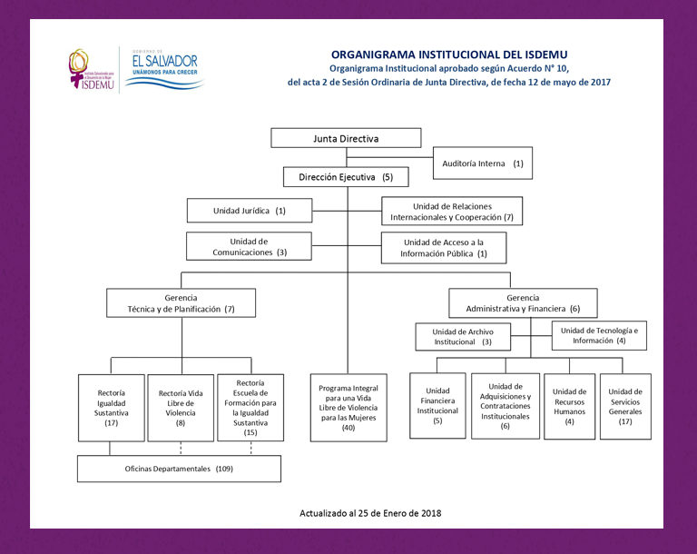 Organigramas de 2015, 2017 y 2024 que reflejan cambios en la institución- Fuente: Portal de Transparencia del ISDEMU