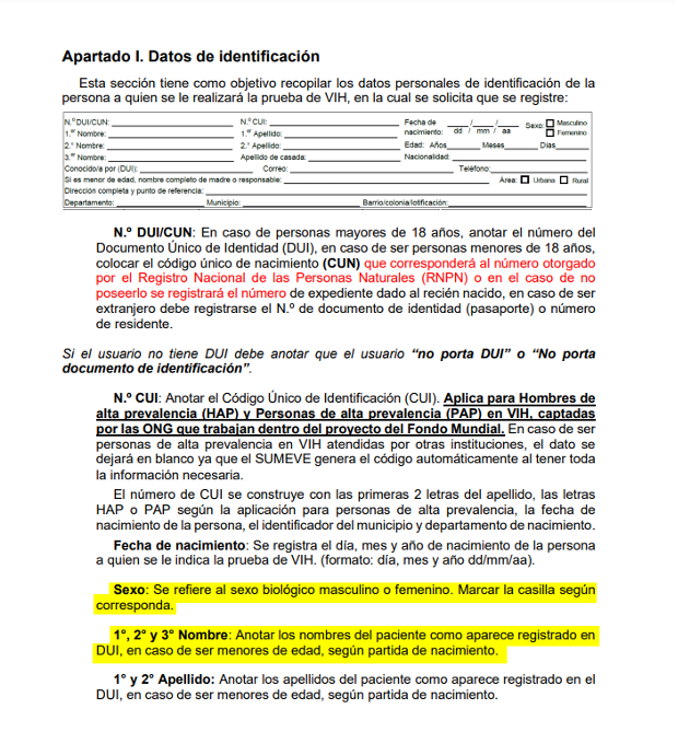 Instructivo para el nuevo formulario FVIH-01, en esta sección de toma de datos solo se segrega por nombre y apellido, se elimina apartado de identidad y orientación de la persona. Fuente: https://www.salud.gob.sv/servicios/instructivo-y-formulario-fvih-01/