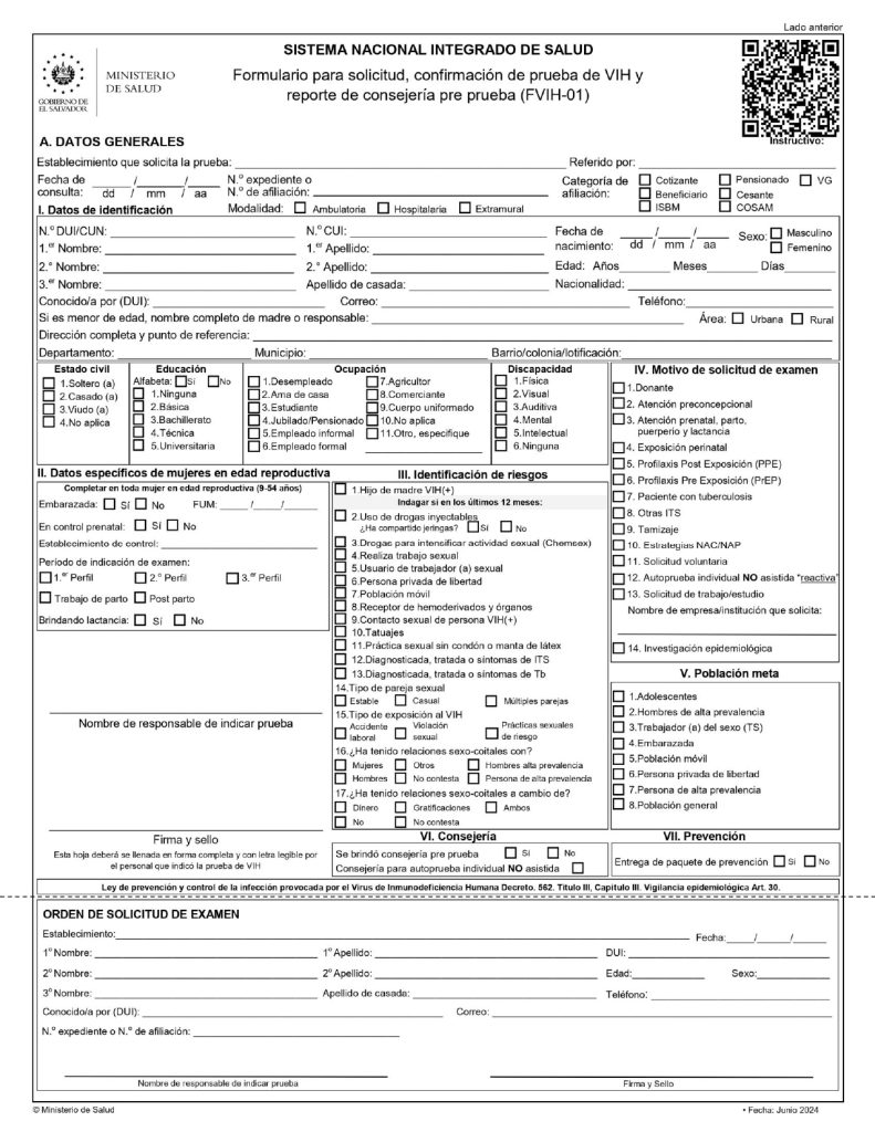 Nuevo formulario FVIH-01 actualizado en junio de 2024 se elimina el apartado de datos específicos el cual se colocaba la orientación e identidad de las personas. Fuente: https://www.salud.gob.sv/servicios/instructivo-y-formulario-fvih-01/